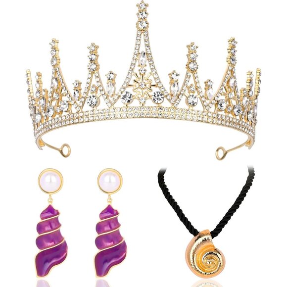 Sea Witch Halloween Costume Jewelry Ball Glitz Gold Crown Shell Necklace Purple